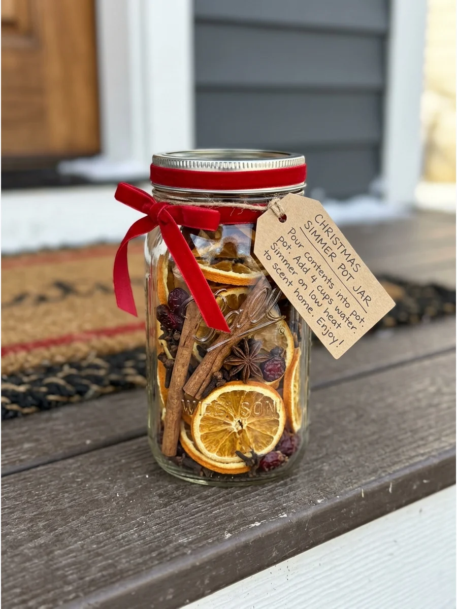 A glass jar filled with simmer pot ingredients like cinnamon and dried oranges.