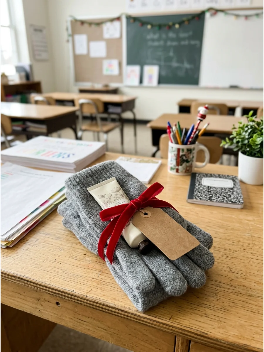 Knit gloves and hand cream tied together with a ribbon as a gift.