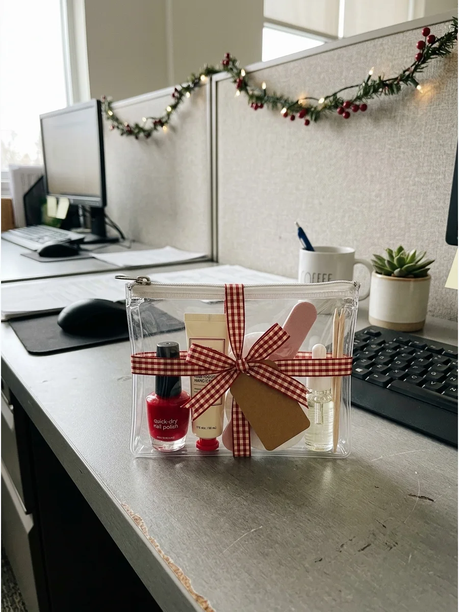 A clear gift pouch containing manicure supplies like nail polish and a file.