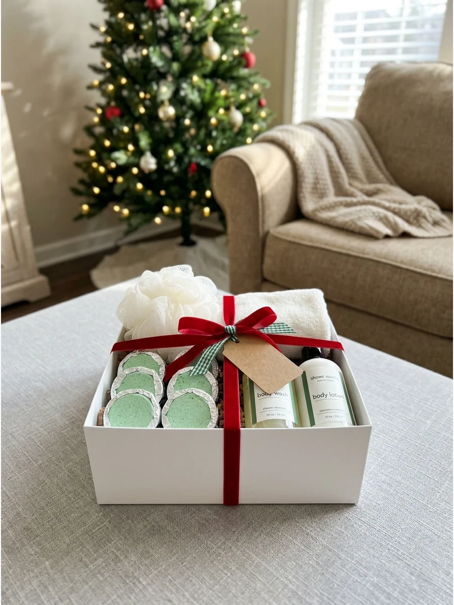 A self-care gift box featuring shower steamers and bath accessories.