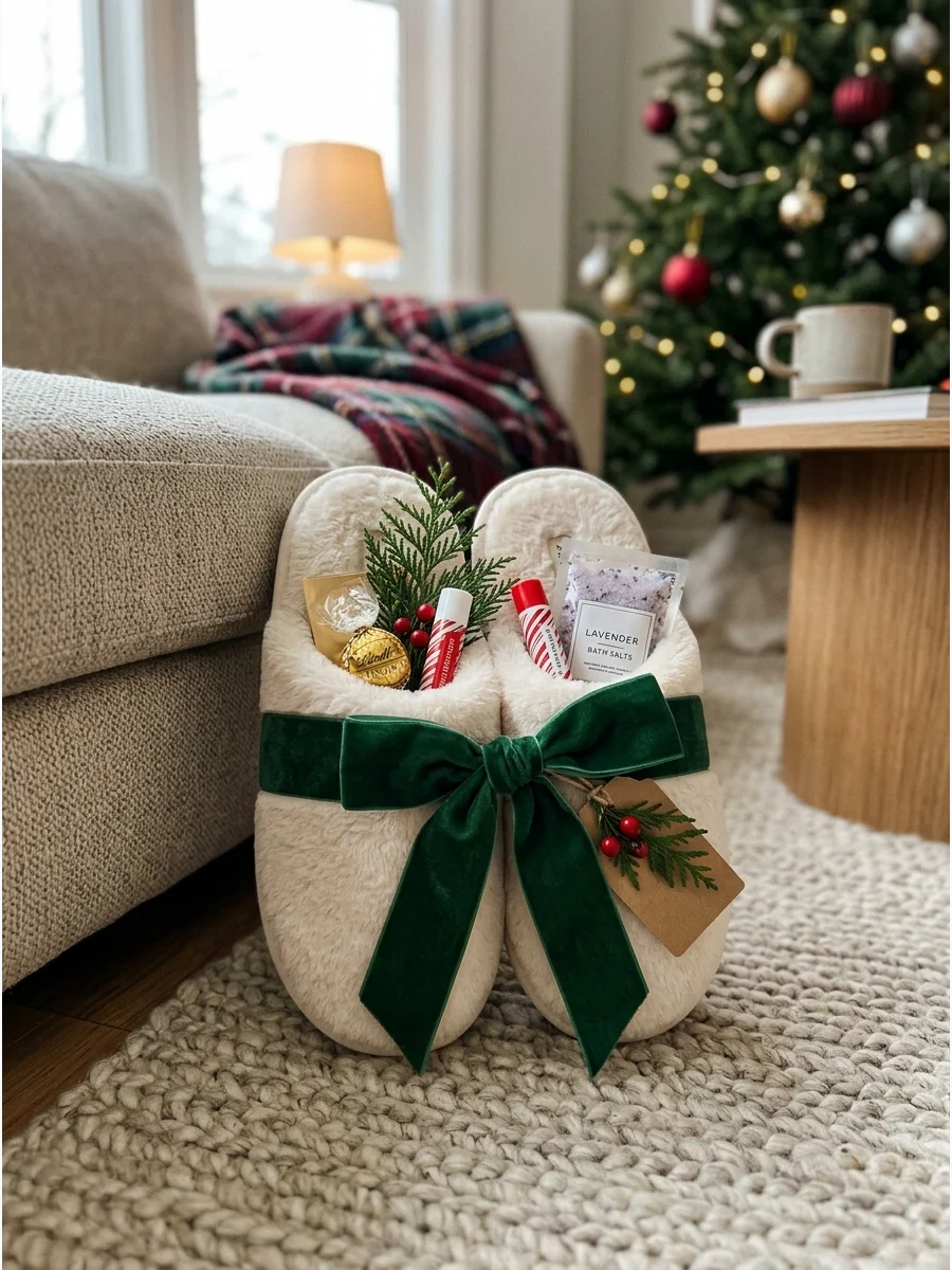 Plush slippers used as a gift container for small treats and lip balm.