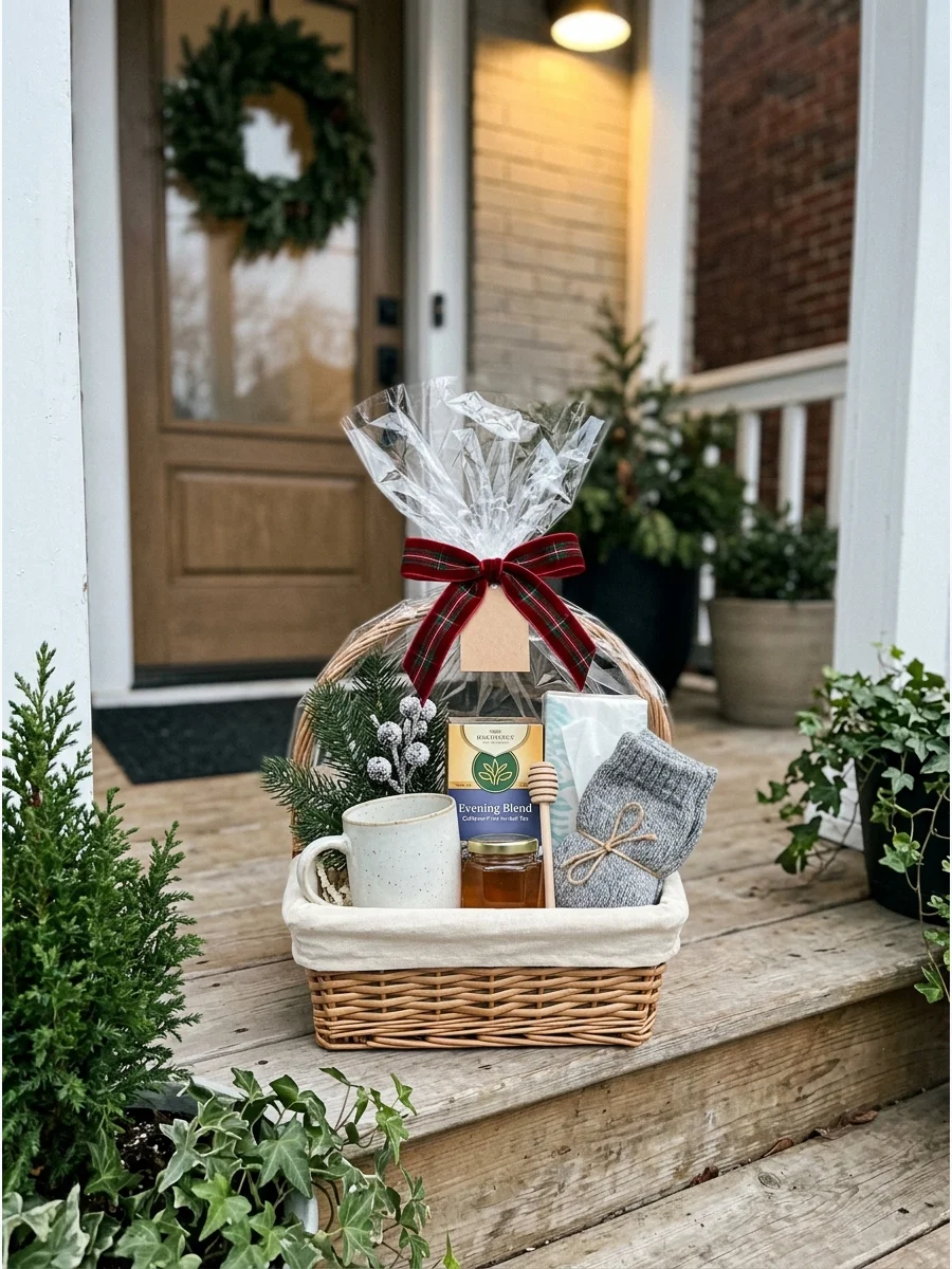 A wellness gift basket with tea, honey, and tissues for winter comfort.