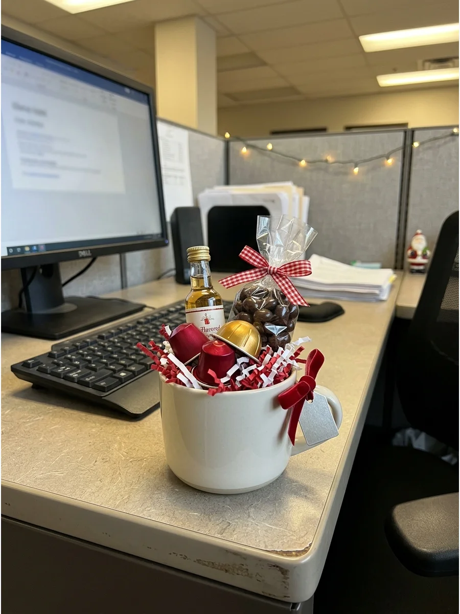 A coffee gift box with pods and syrup on a desk.