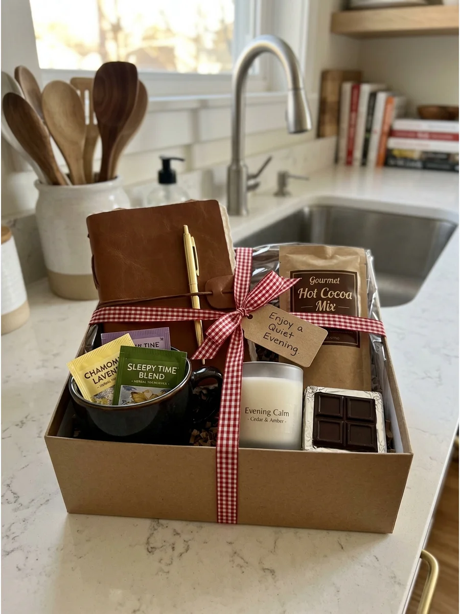 A relaxation gift set with a journal, pen, and hot cocoa packet.