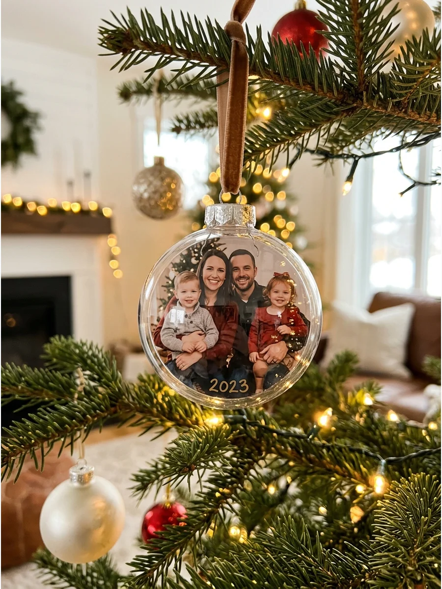 A clear Christmas ornament with a family photo inside hanging on a tree.