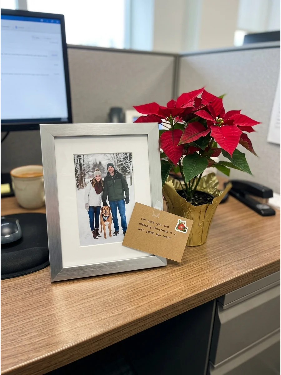 A silver framed photo sitting on a professional office desk.