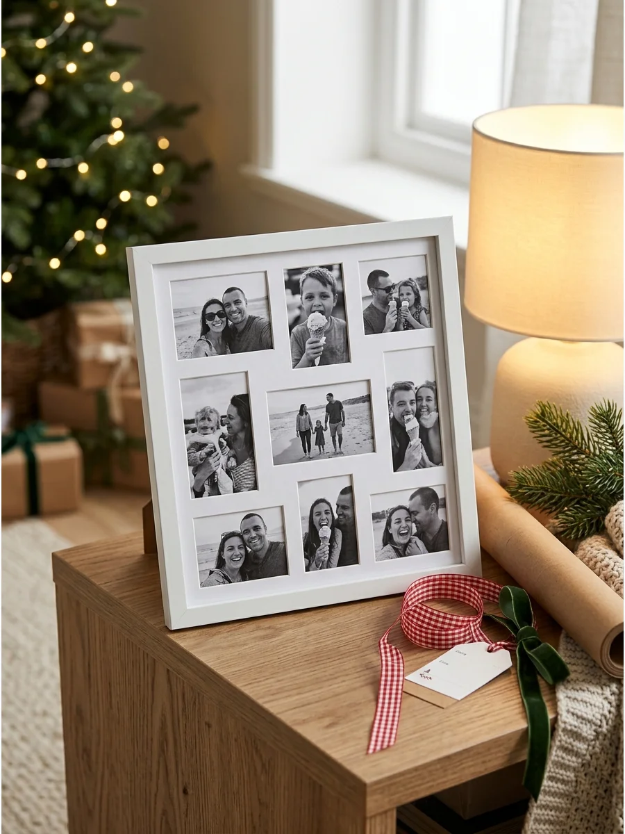 A white collage frame with four small photos on a living room table.