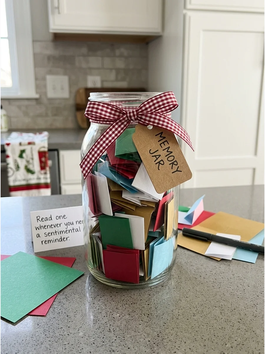 A glass mason jar filled with colorful paper slips on a marble counter.