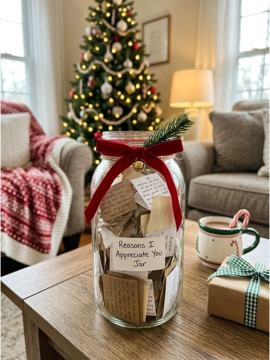 A glass jar with a gold bow and handwritten notes inside.