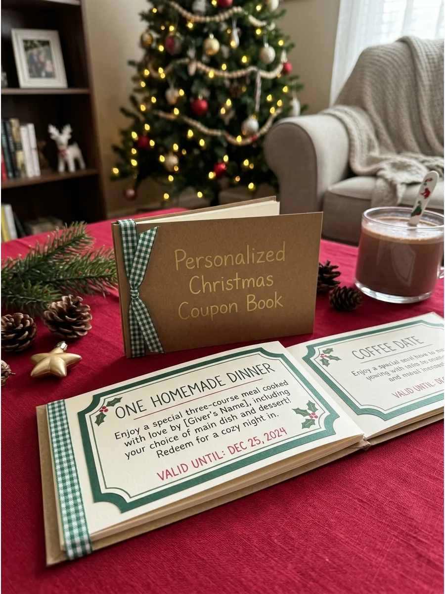 A handmade paper coupon book with Christmas stickers on the cover.