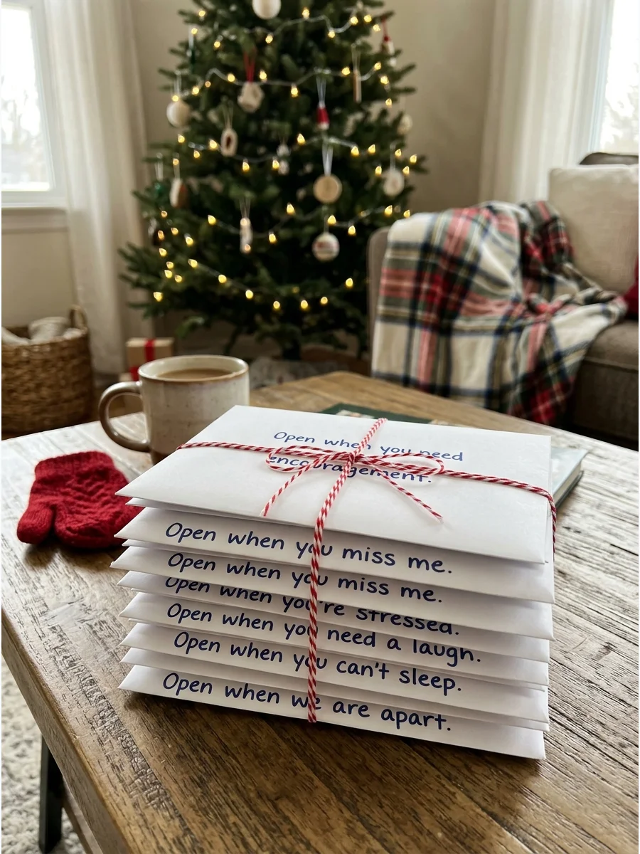 A stack of envelopes tied with red and white baker's twine.