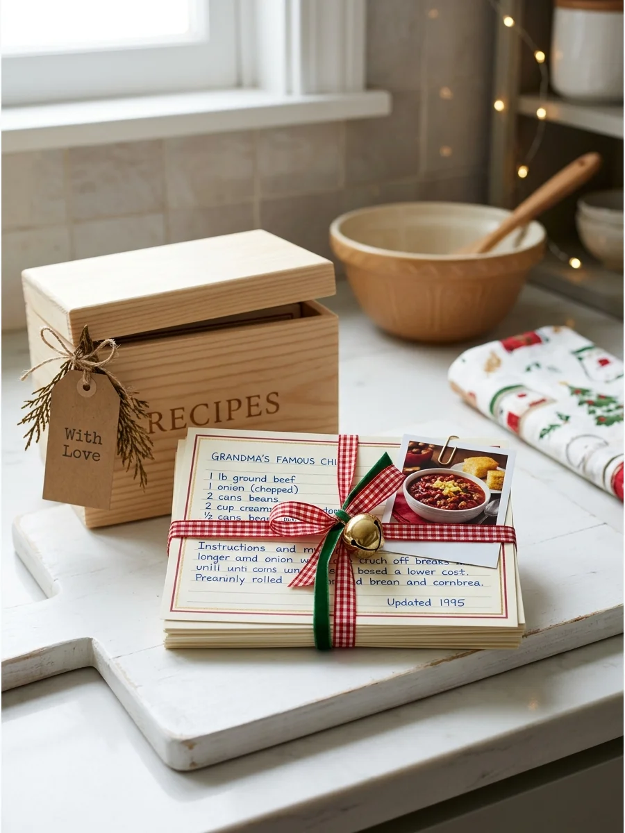 Handwritten recipe cards bundled together on a wooden board.