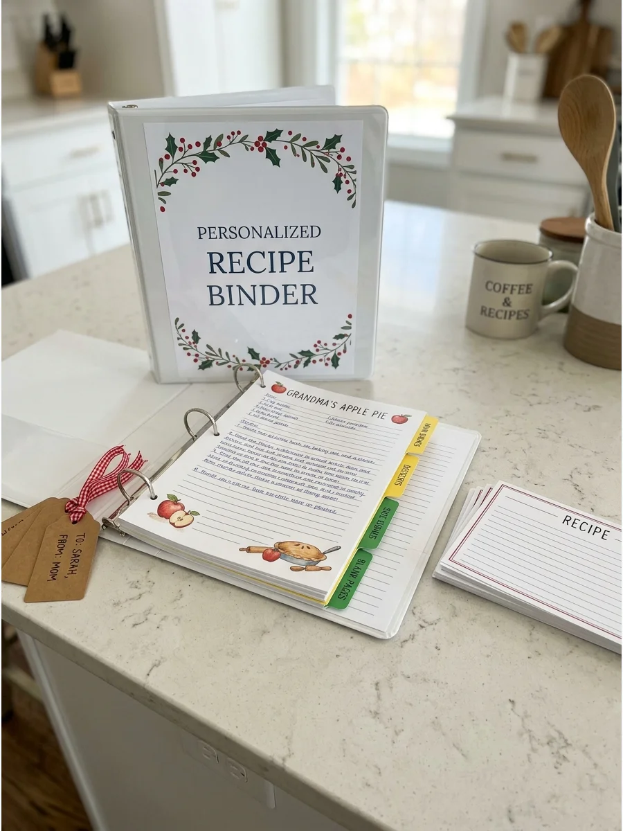 A white three-ring binder open to a recipe page in a kitchen.