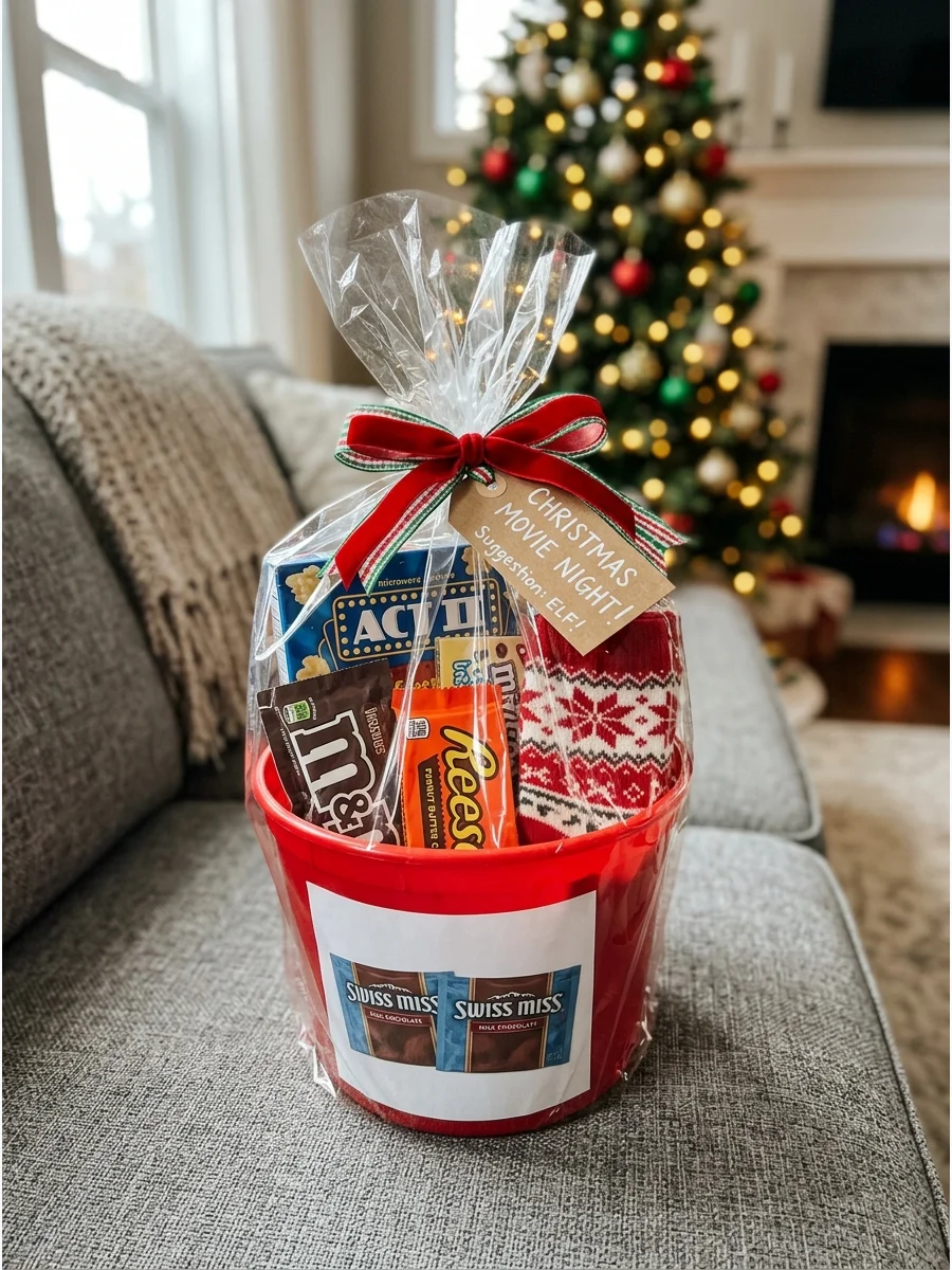 A movie night gift bucket on a living room sofa.