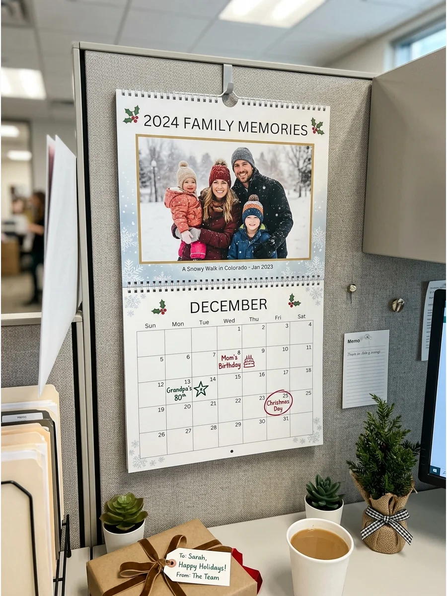 A custom photo calendar hanging in an office workspace.