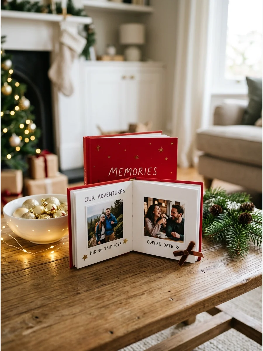 Small red scrapbook on a coffee table.