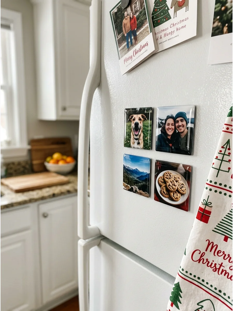 Photo magnets on a white refrigerator.