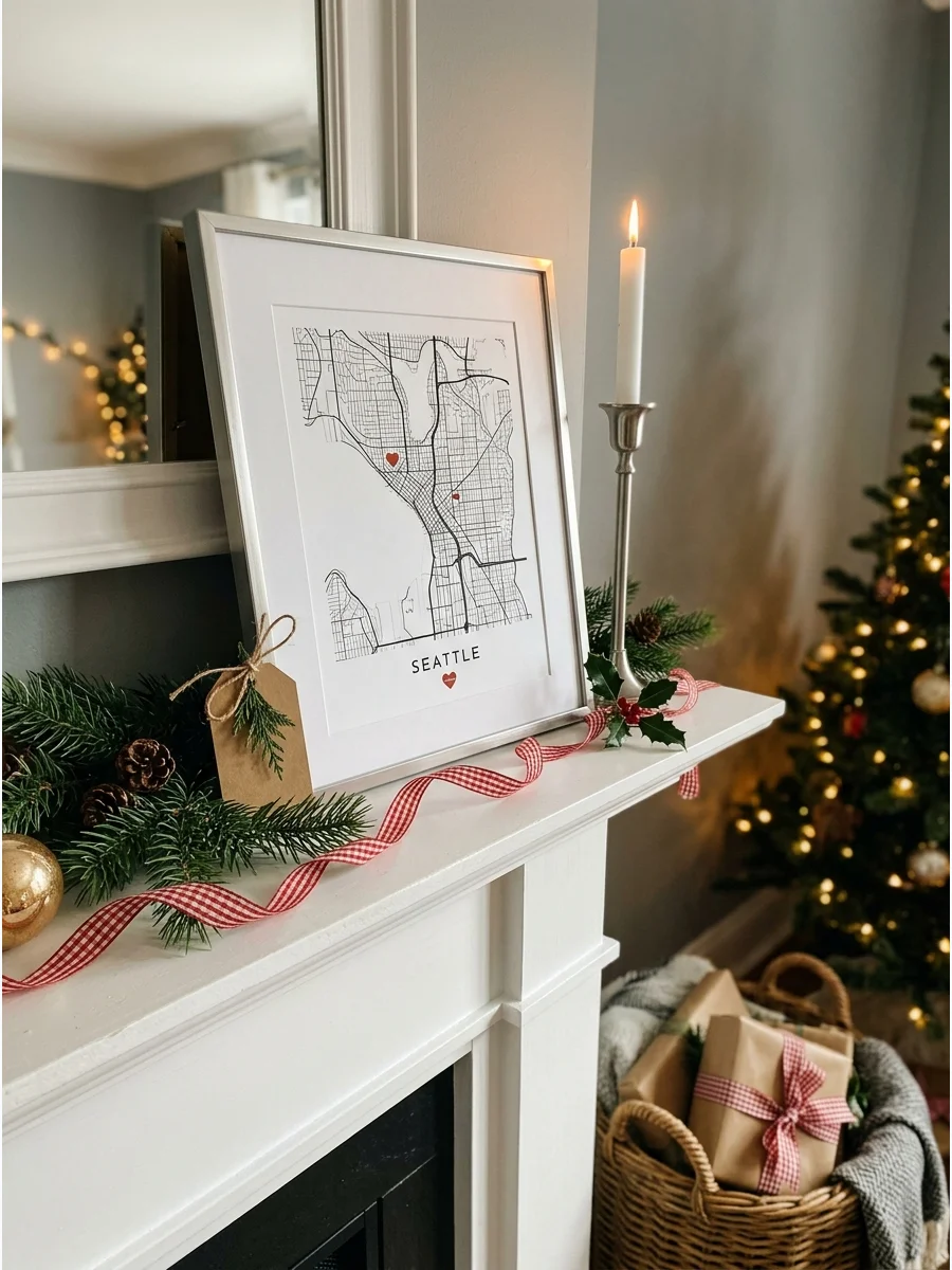 Framed map print on a white mantle.