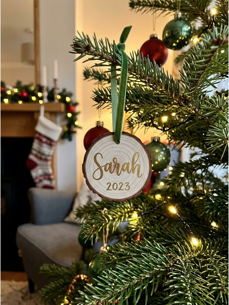Wood slice ornament with gold lettering on a tree.