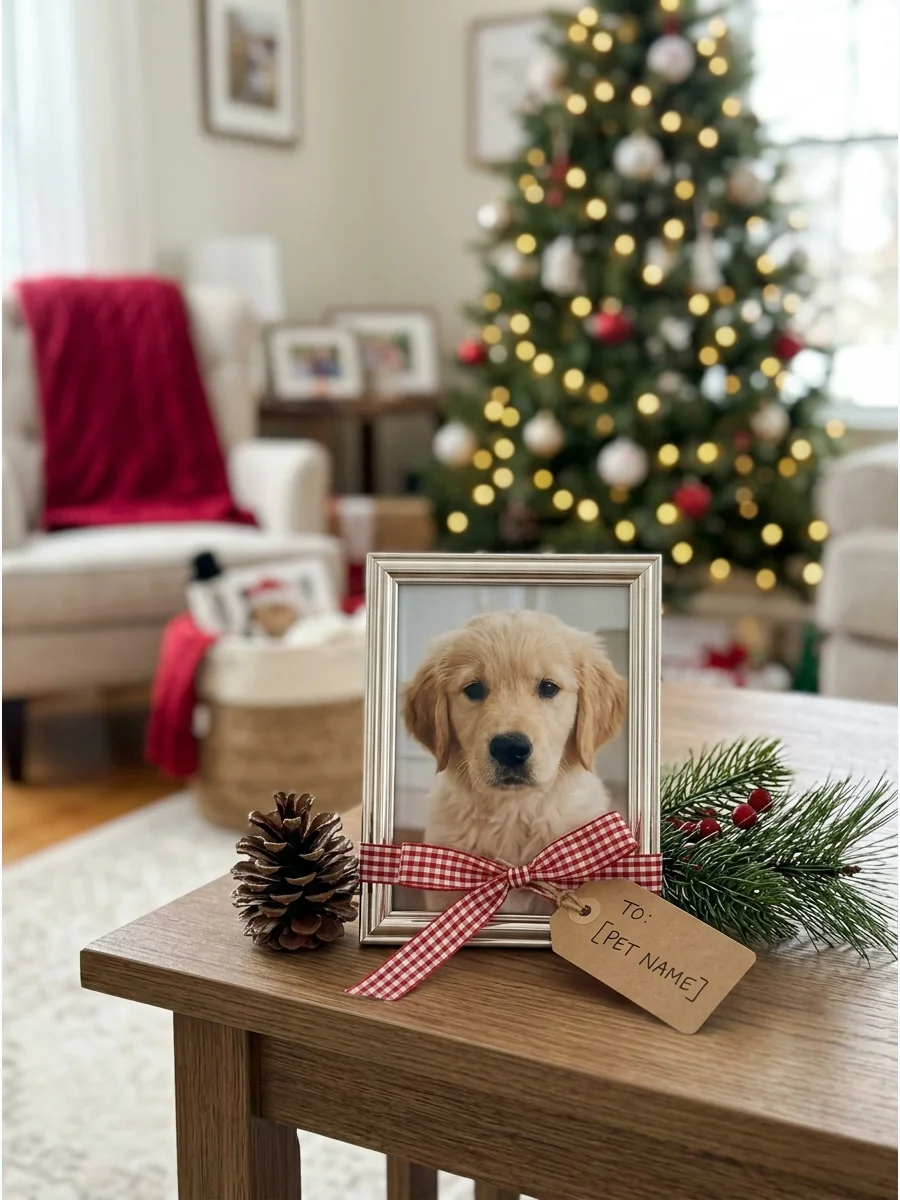 Small silver frame with a pet photo on a table.