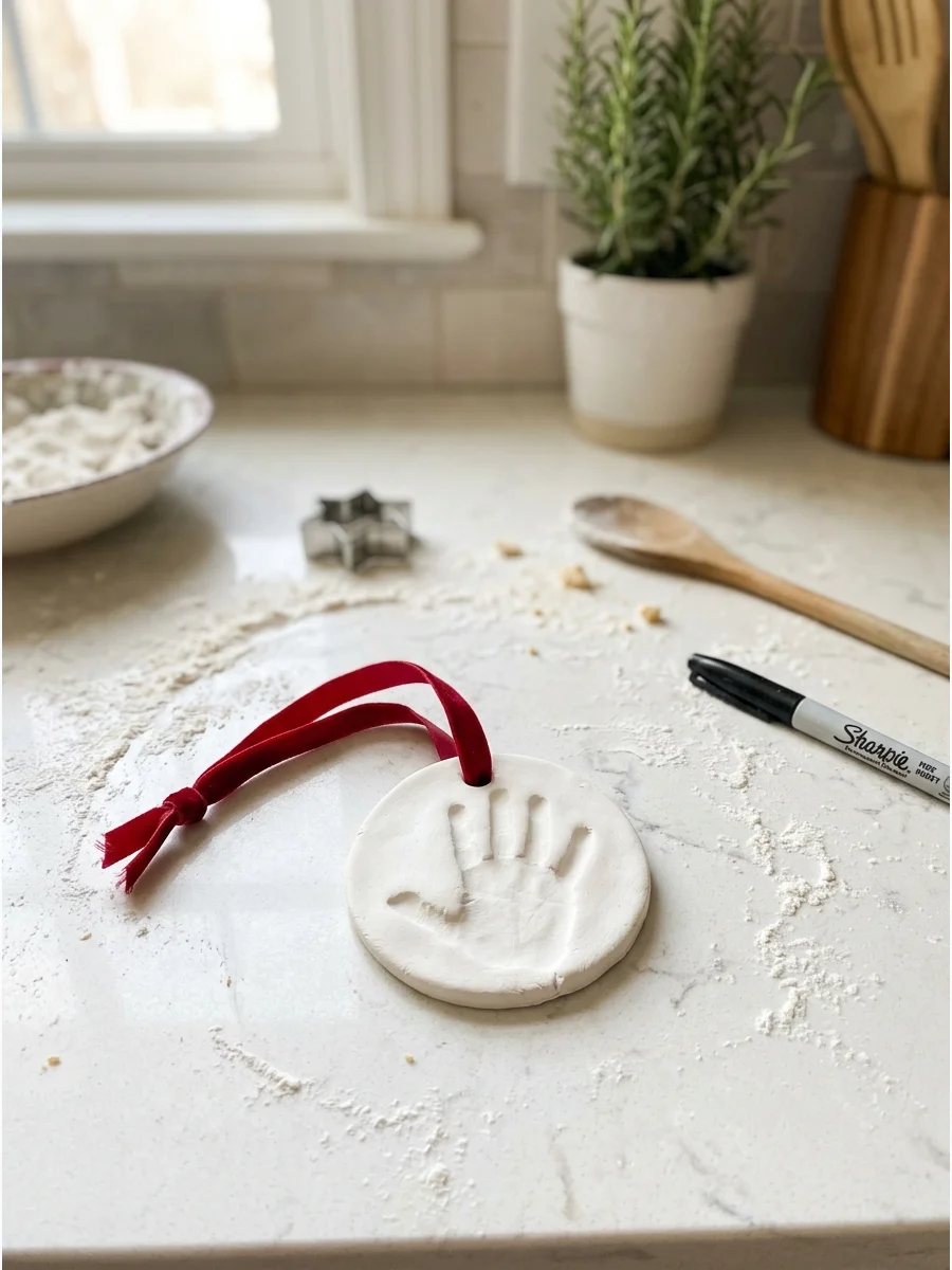 Clay handprint ornament on a kitchen counter.