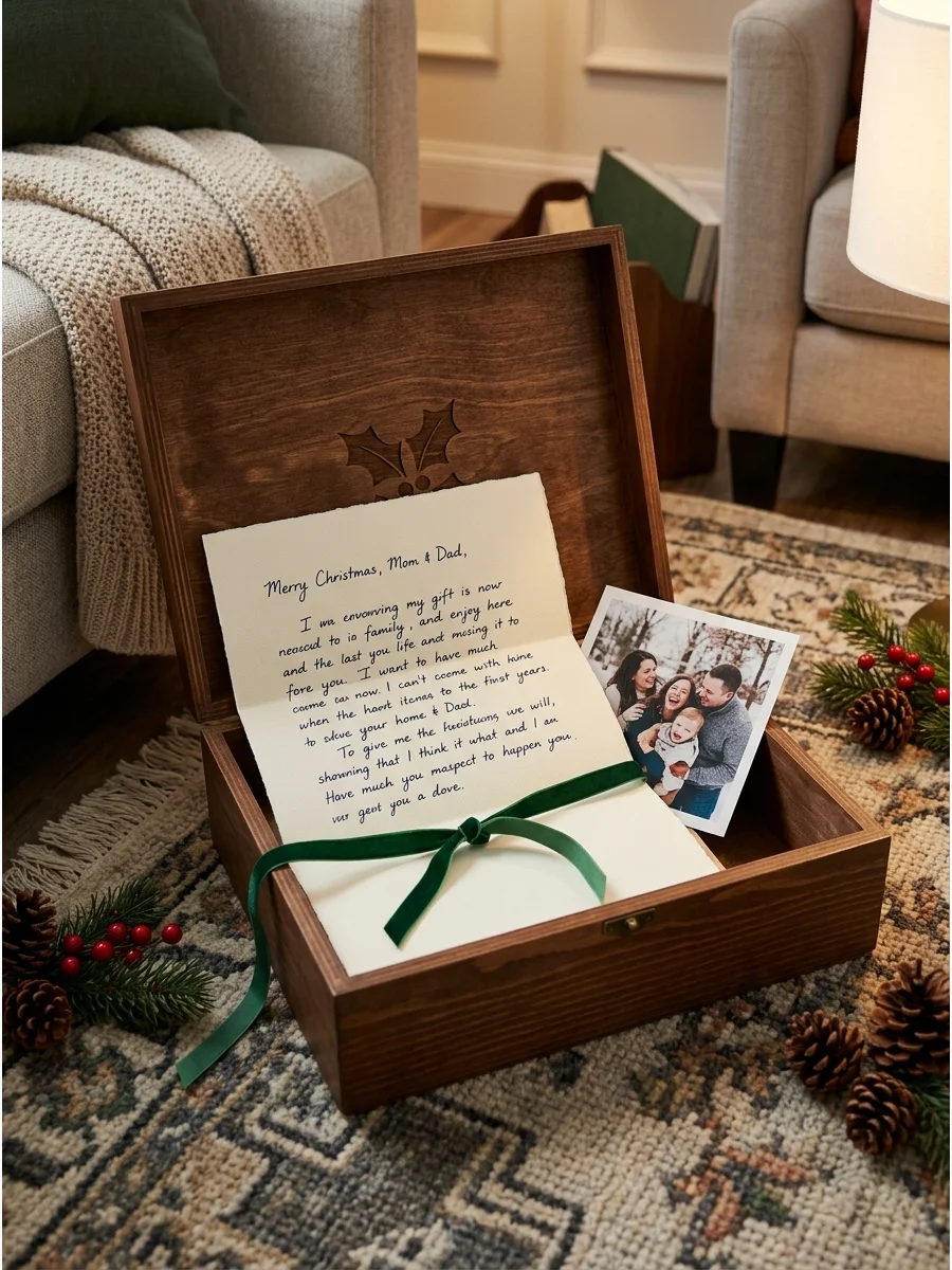 Open wooden box with a letter and photo.