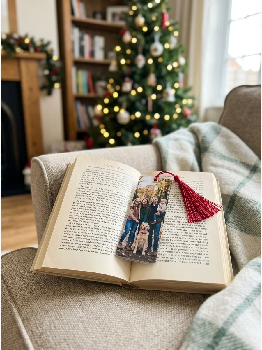 Photo bookmark inside an open book.