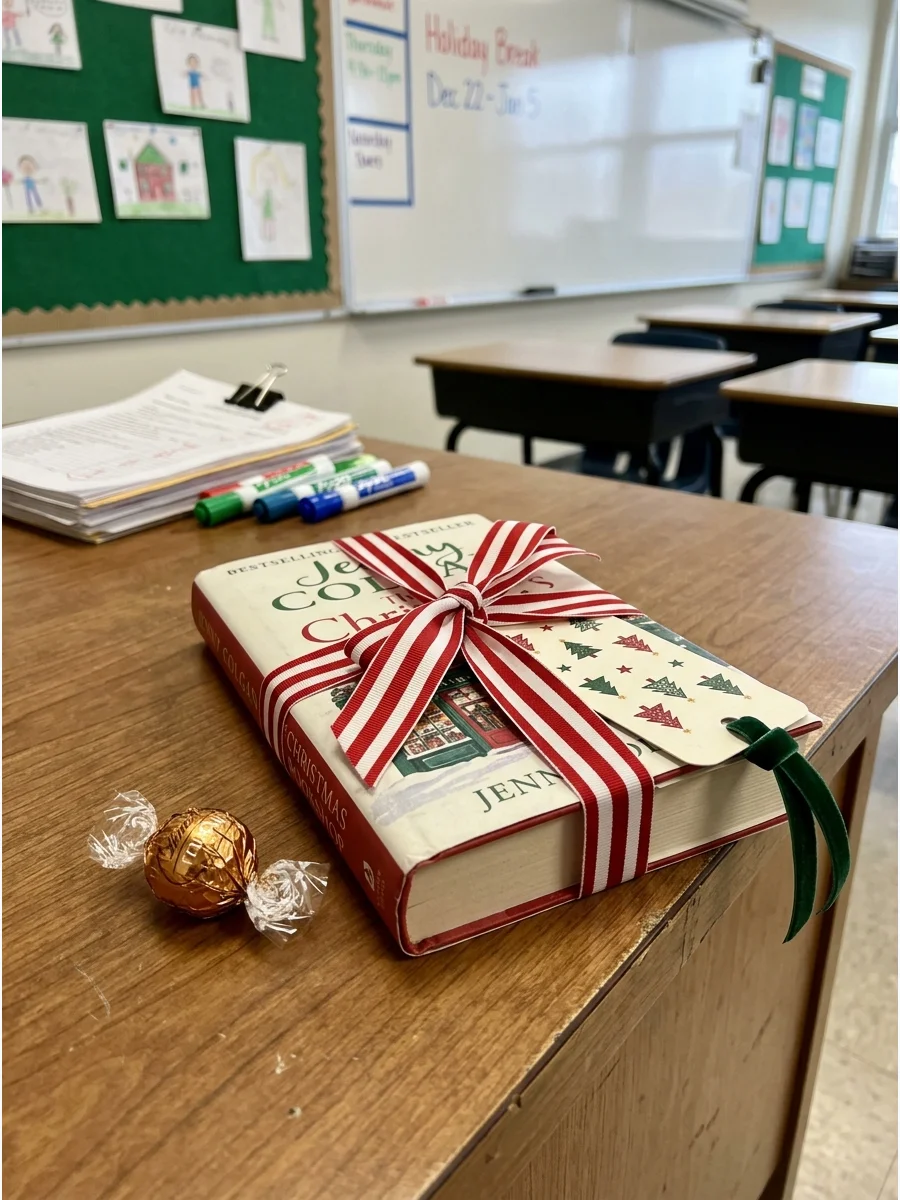 A wrapped book and bookmark on a wooden desk.