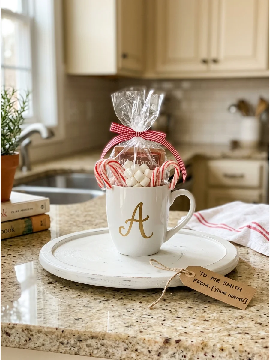 White mug with a gold initial on a wooden tray.
