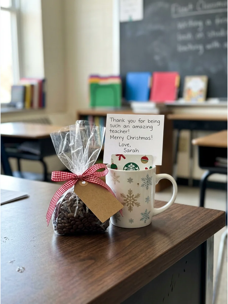 A white coffee mug and a small bag of coffee beans on a wooden desk.