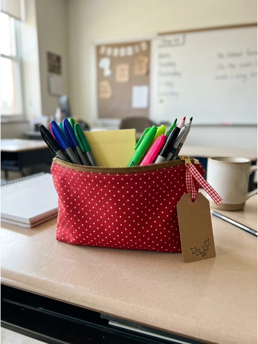 A colorful fabric pouch filled with school supplies on a table.