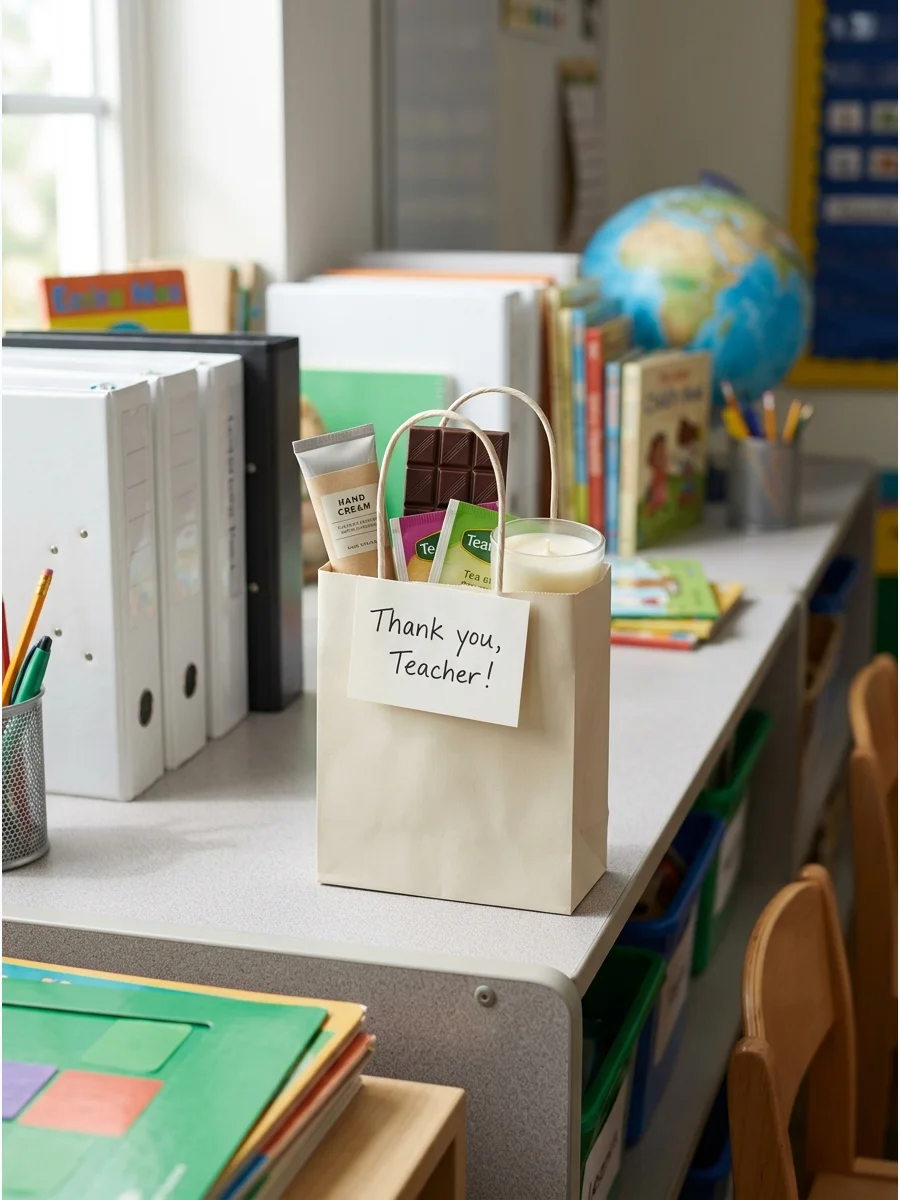 A green gift bag with hand cream and chocolate sitting on a shelf.