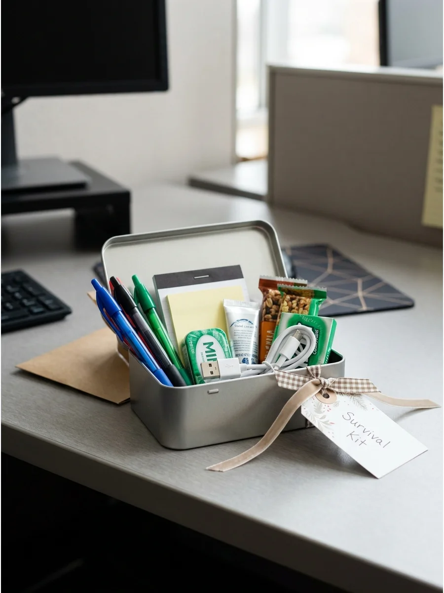 An open silver tin with office essentials on a gray desk.