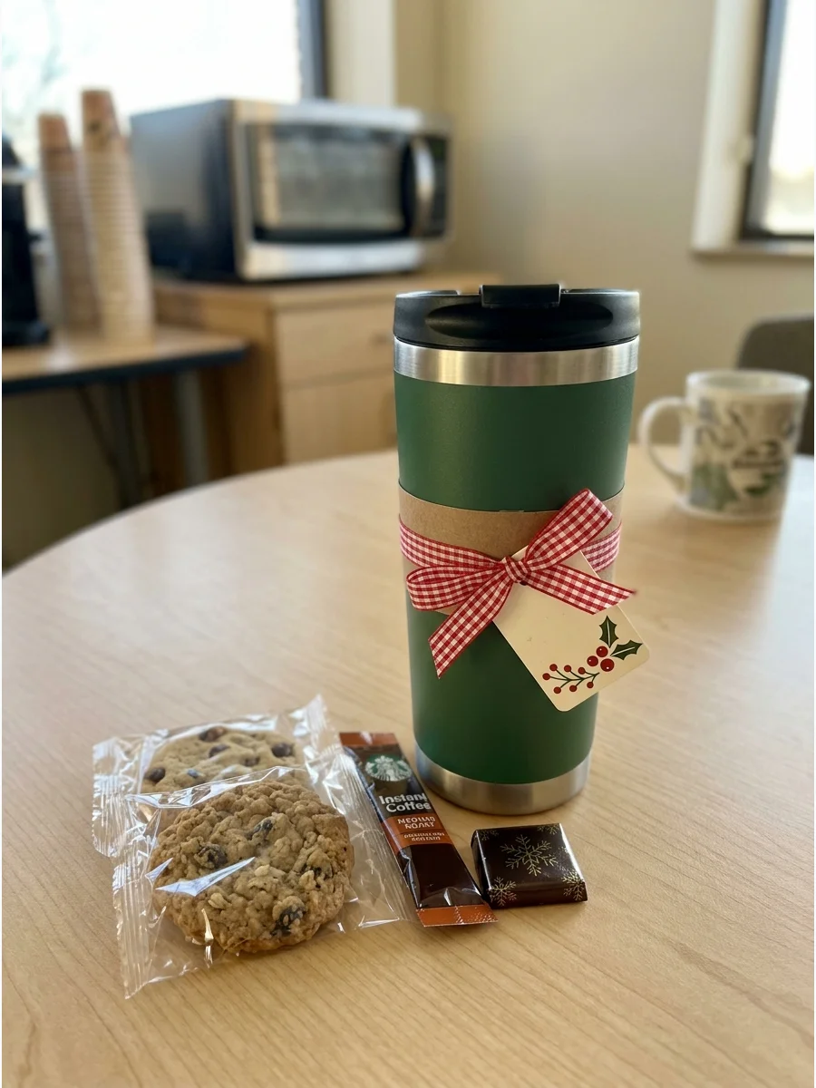A stainless steel tumbler and cookies on a wooden breakroom table.