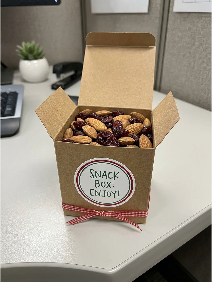 A small box of nuts and dried fruit on an office desk.