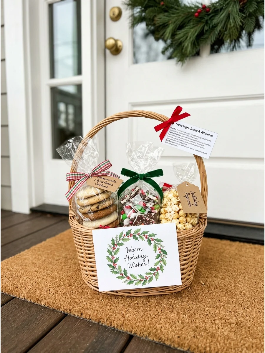 A wicker basket of cookies on a doorstep mat.