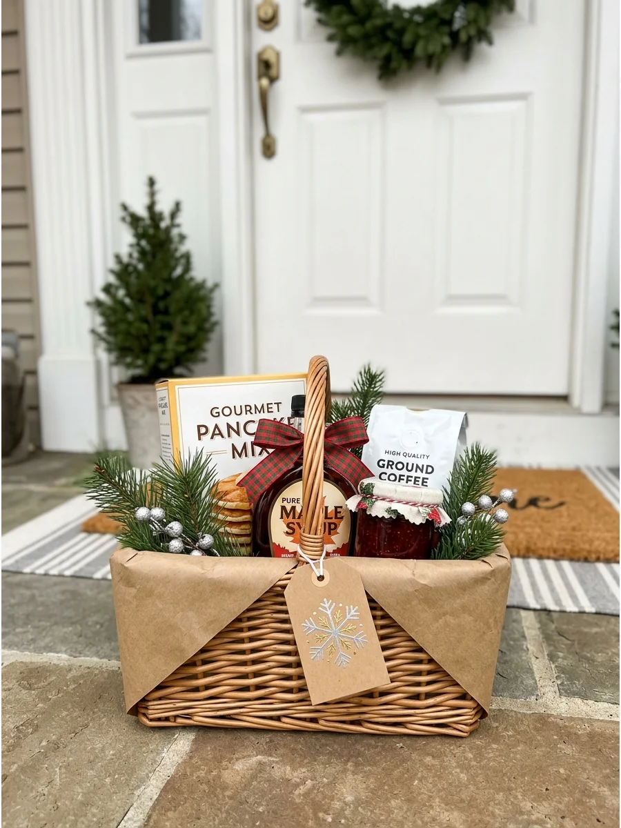 A wooden crate with breakfast supplies on a porch.