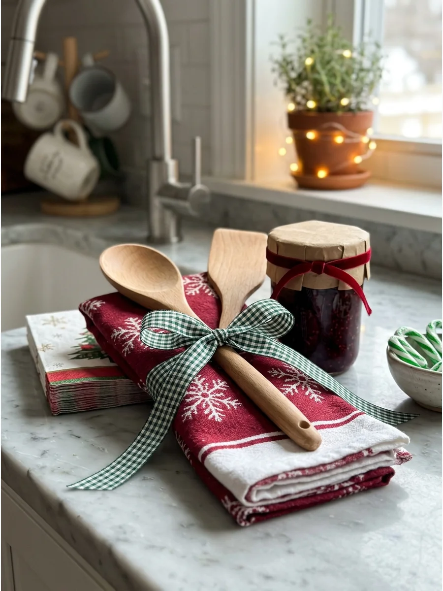 A kitchen towel and wooden spoon tied with twine on a counter.