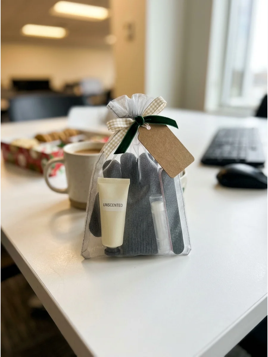 A hand-care gift pouch on an office desk.