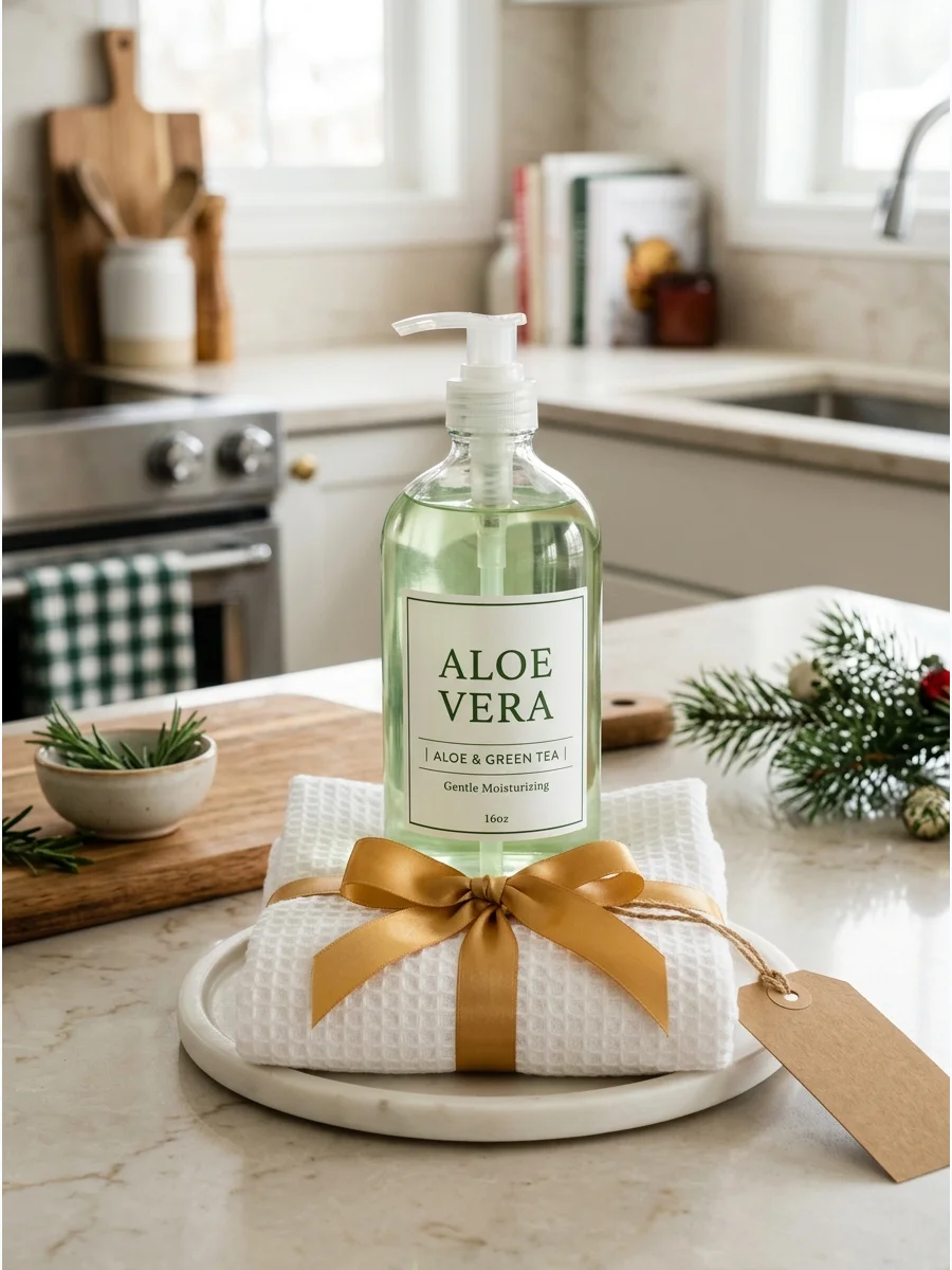 A bottle of hand soap and a folded towel tied with a gold ribbon.