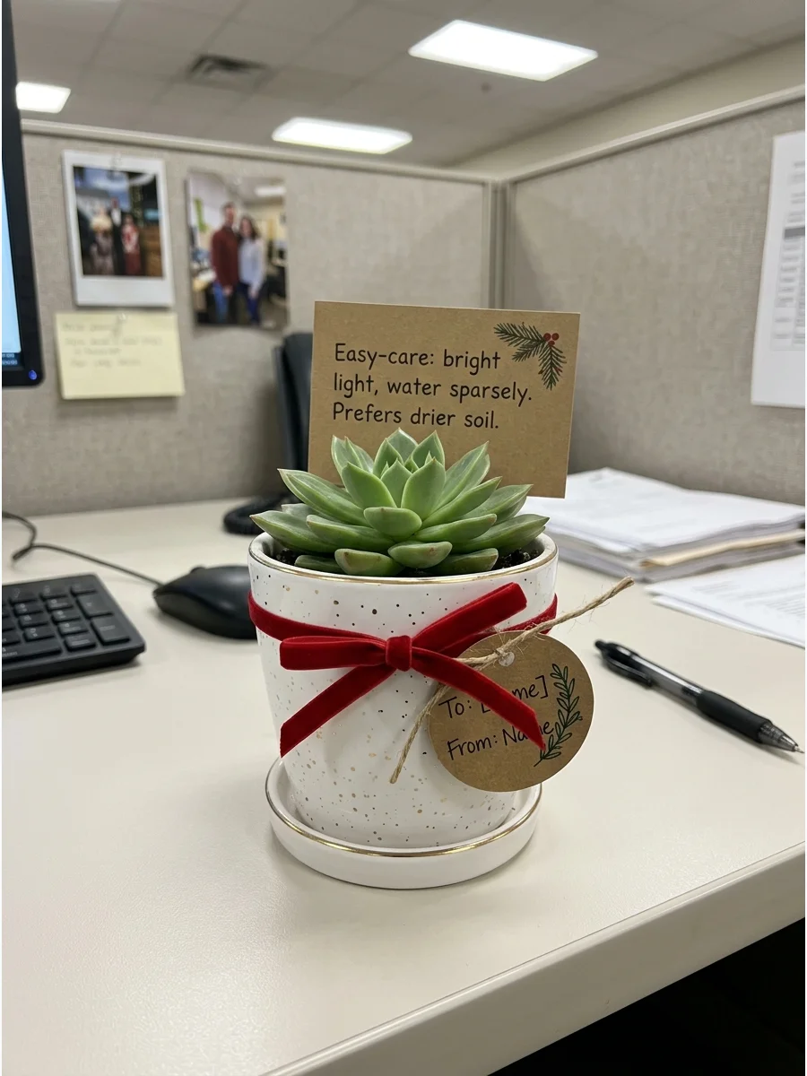 A small succulent in a white pot with gold trim on a desk.