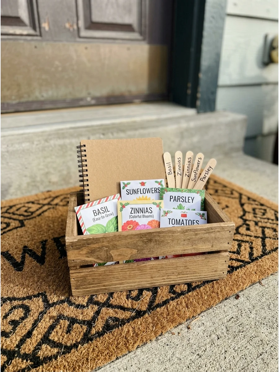 A wooden crate with seed packets and twine on a doorstep.