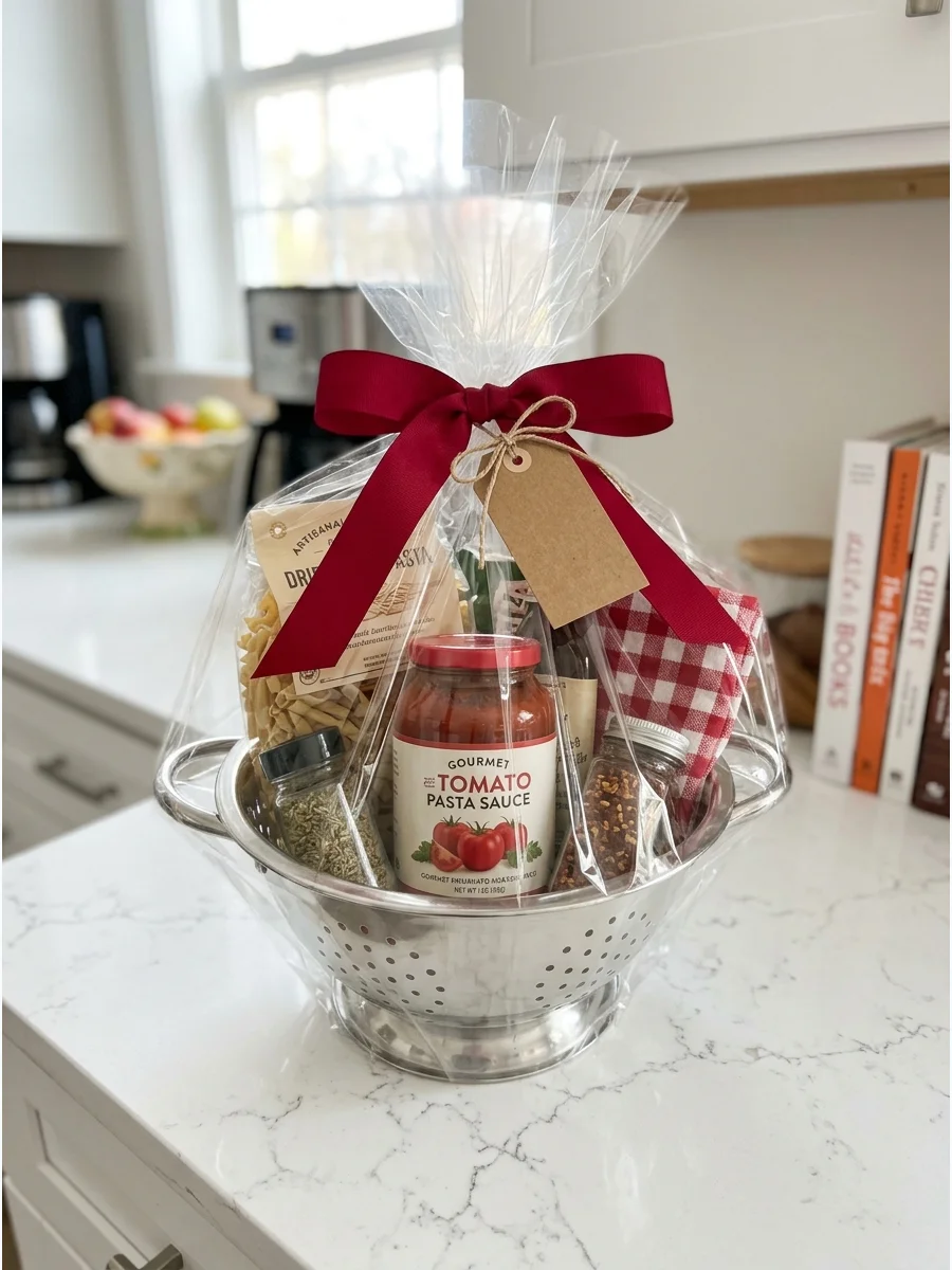 A pasta dinner gift set arranged inside a silver colander.