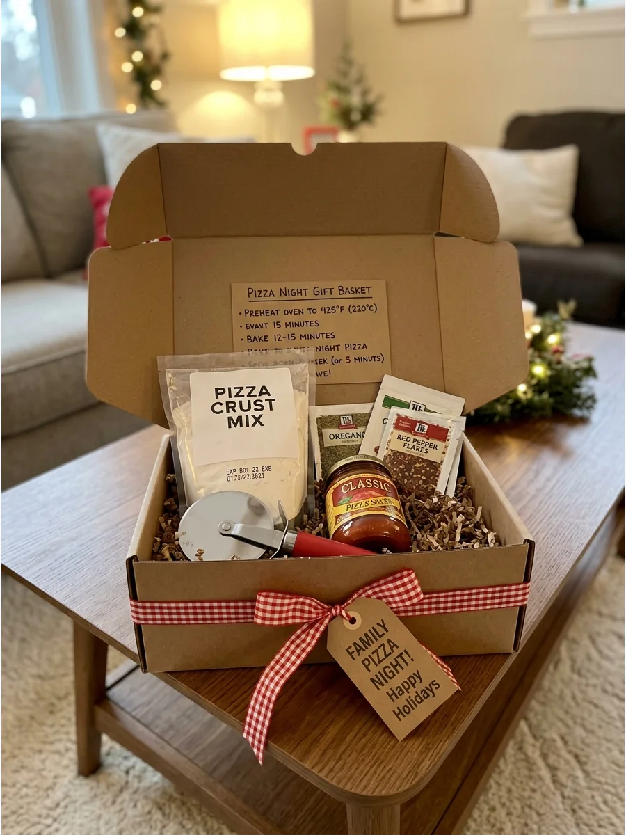 A pizza making kit in a box on a wooden coffee table.
