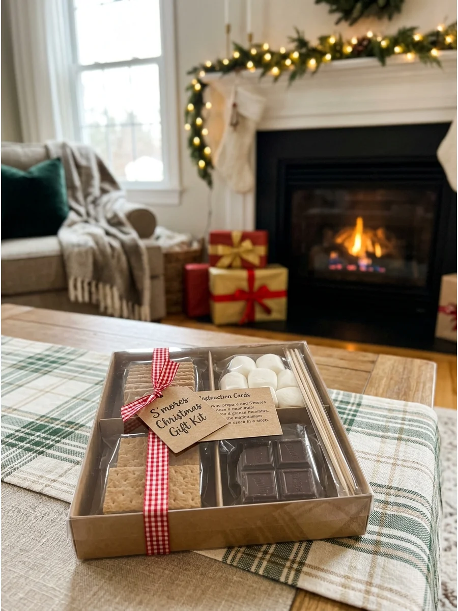 A clear box with s'mores ingredients and bamboo skewers.