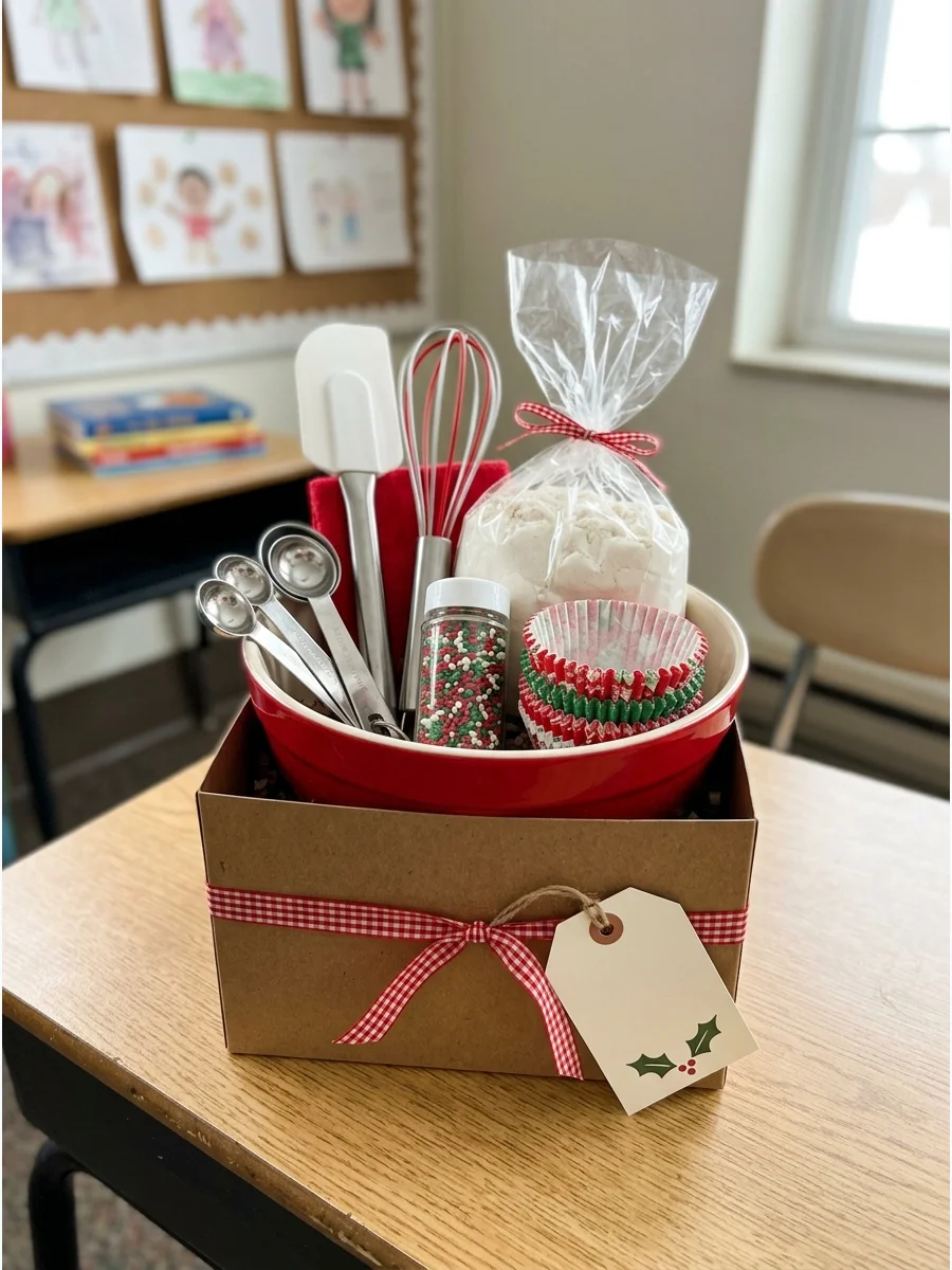A baking gift set inside a red bowl on a desk.