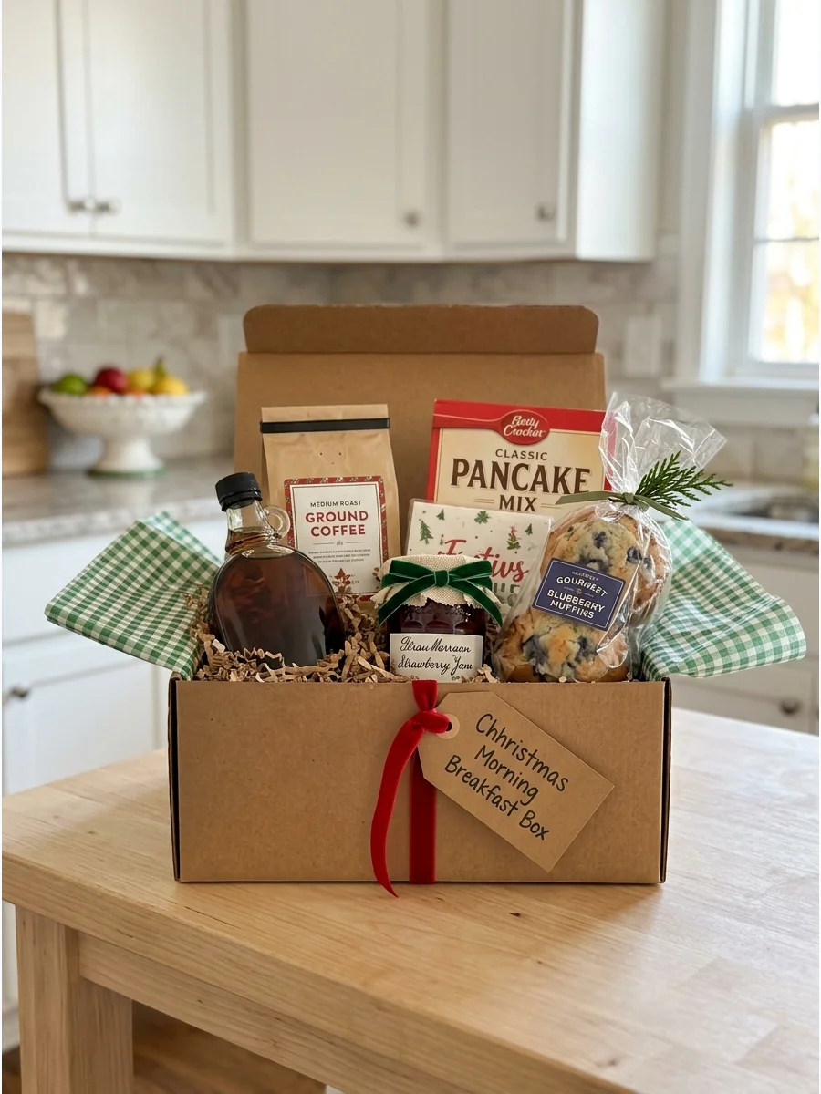 A breakfast gift box with coffee and pancake mix.
