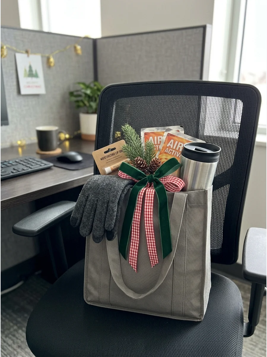 A winter walking kit inside a grey tote bag.