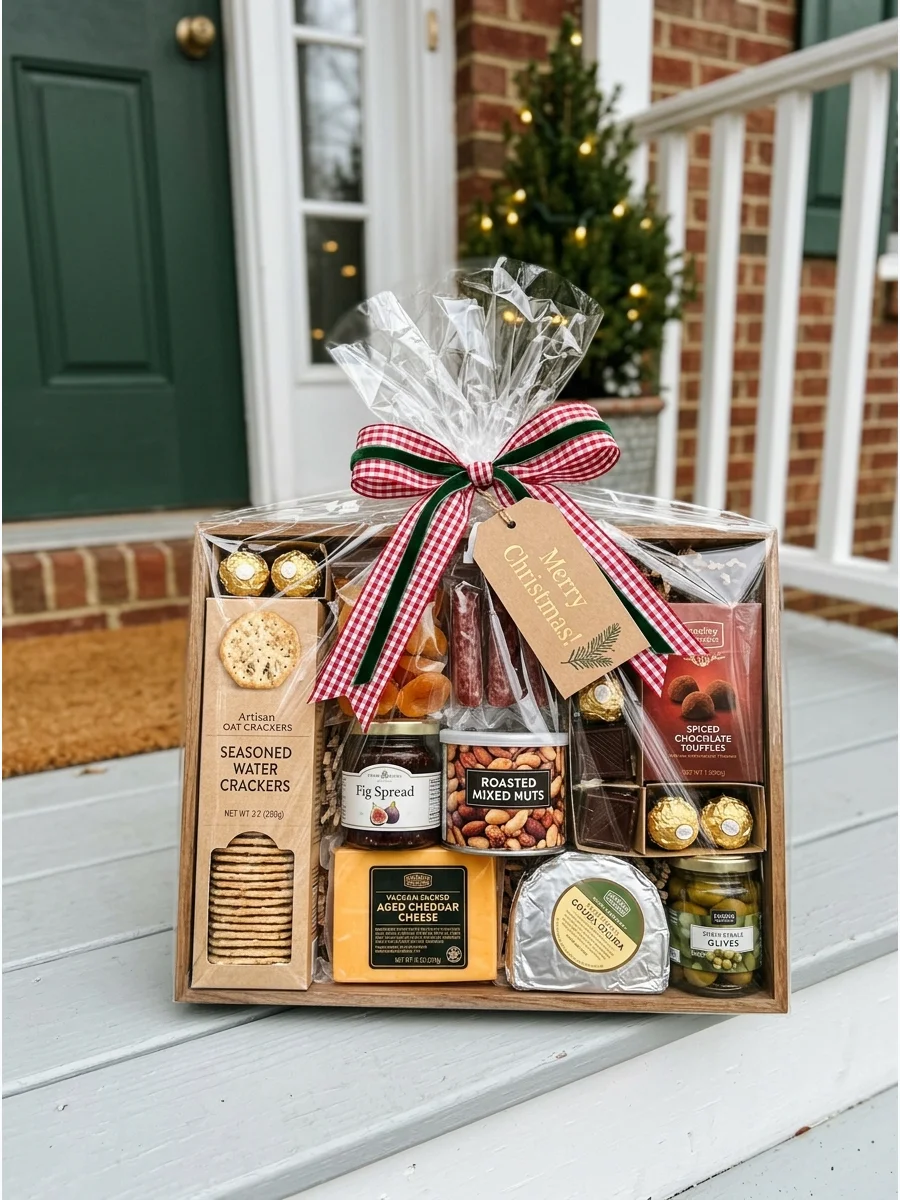 A charcuterie gift tray with crackers and honey.
