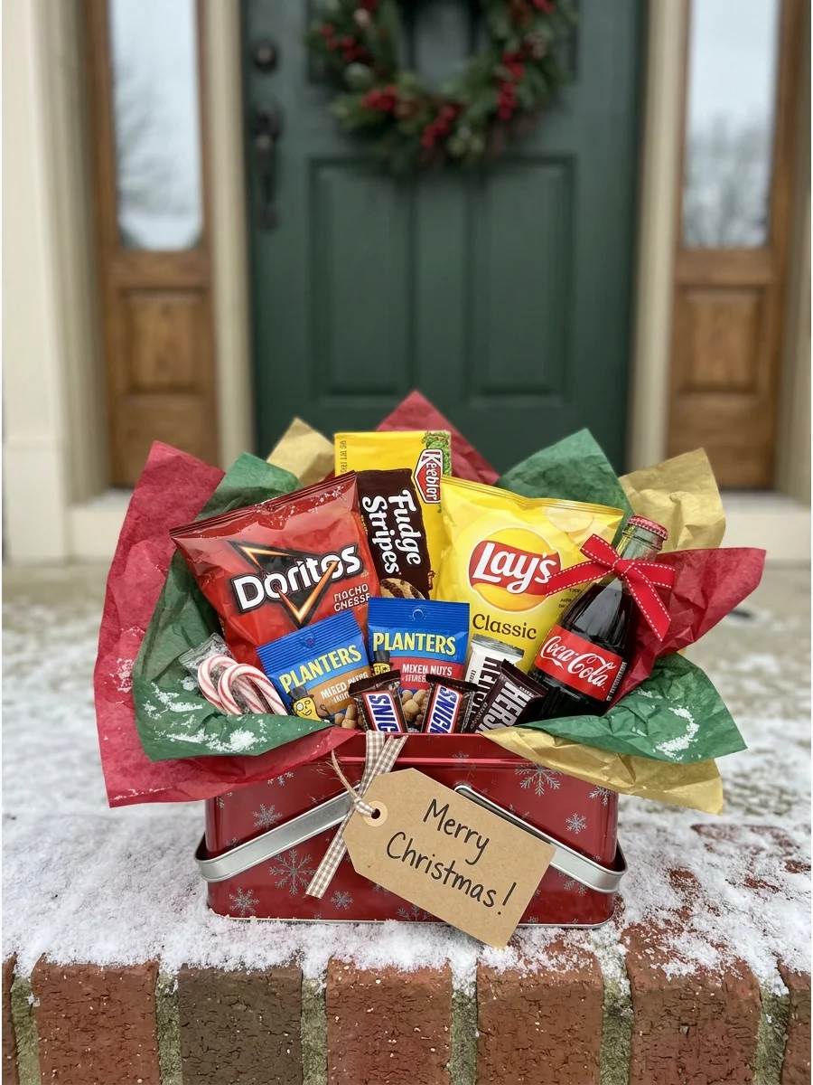 A snack gift tin on a snowy doorstep.